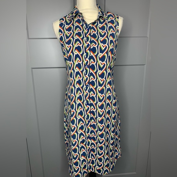 Cabi Armour Shirt Dress Womens Xs Heart Print Button Up Sleeveless Midi Lined